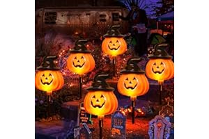 AWINKING 6 Pack Solar Jack O Lantern Stake String Lights - Orange Halloween Pathway Decor for Outdoor Halloween Yard Display