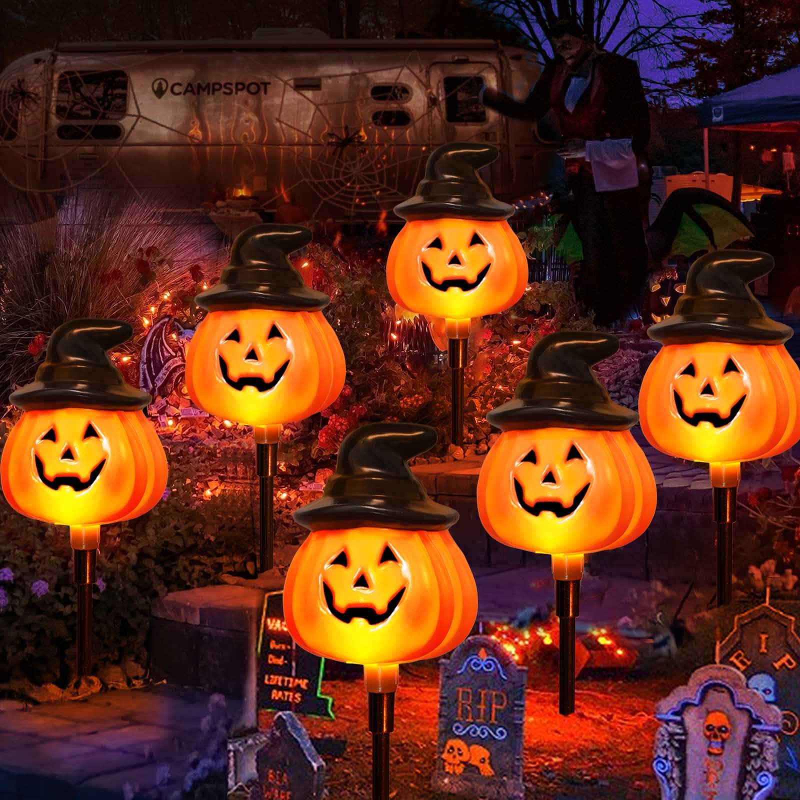 Photo 1 of 6 Pack Solar Jack O Lantern Stake String Lights - Orange Halloween Pathway Decor for Outdoor Halloween Yard Display