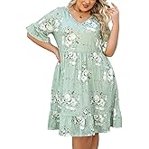 Celkuser Plus Size Summer Midi Casual Ruffle Short Sleeve Dress Lightweight Flowy Babydoll Beach Dress for Women with Pocket