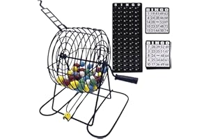 Bingo Set Deluxe Fun Bingo Game Set Includes 150 Colorful Chips, 18 Cards, 75 Balls, 8" Hand-Cranked Cage & Board Sets for Ad