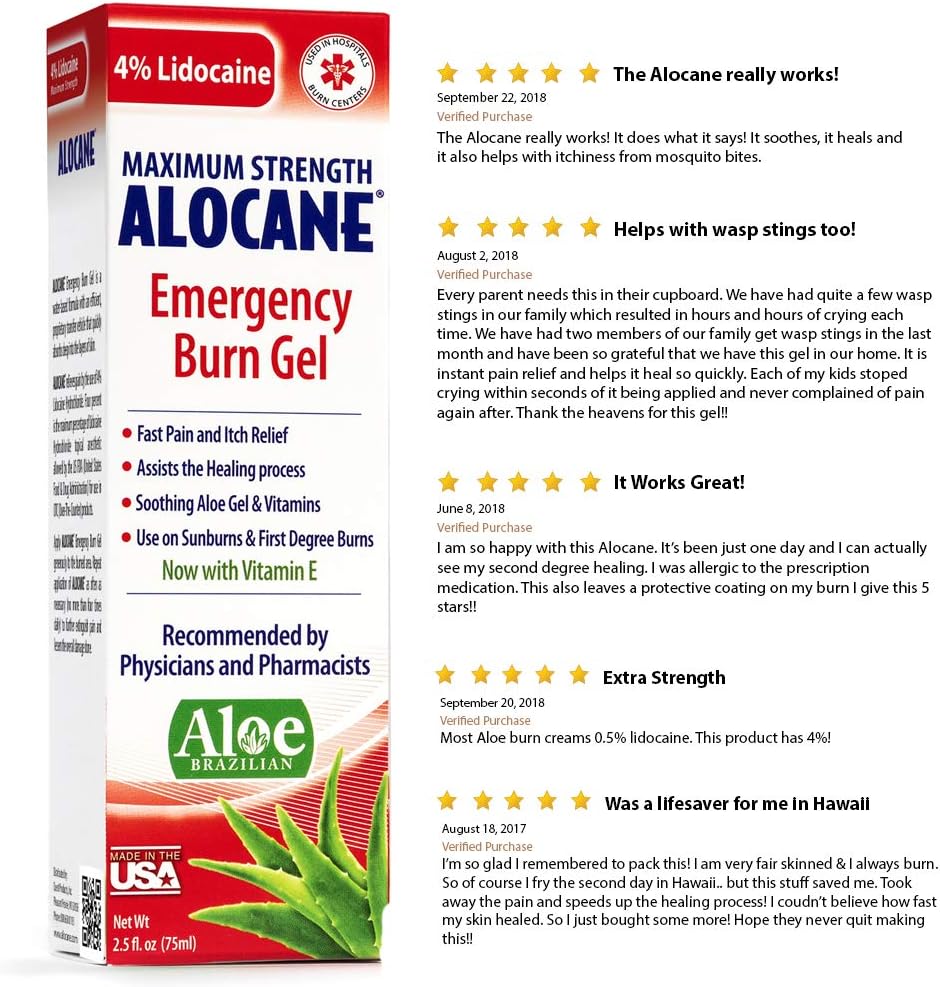 Alocane Emergency Burn Gel, 4% Lidocaine Maximum Strength Fast Pain and Itch Relief for Minor Burns, Sunburn, Kitchen, Radiation, Chemical, First Degree Burns, First Aid Treatment Burn Care 2.5 Fl Oz: Health & Personal Care