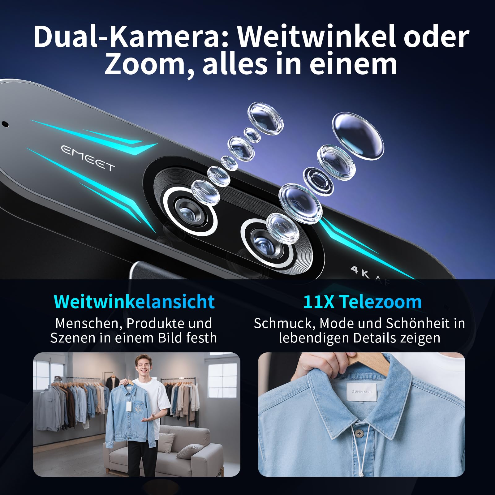 EMEET C60E Dual-Kamera-4K-Webcam für Streaming, Weitwinkel- und Teleobjektiv, bis zu 11-facher Hybrid-Zoom & PDAF-Autofokus, Fernbedienung, RGB-Beleuchtung, 2 Mikrofone, ideal für Livestreaming 3