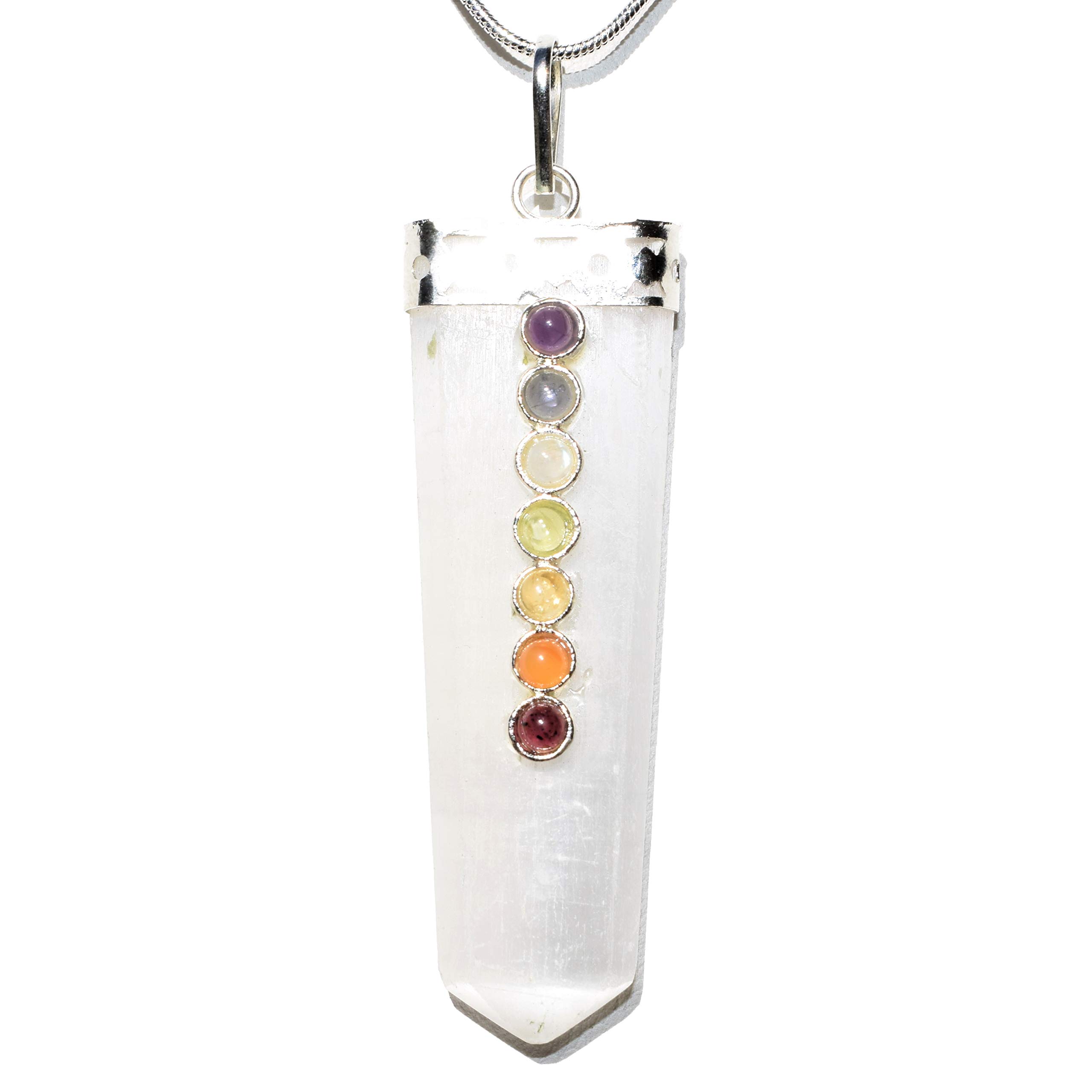 'Zenergy Gems CHARGED 7 Chakra Natural Himalayan Gemstone Crystal Perfect Pendant + 20'' Silver Chain + Selenite Charging Heart [Included]'