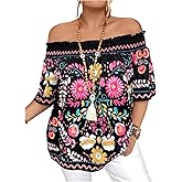 WDIRARA Women's Plus Size Floral Off The Shoulder Blouse Boho Half Sleeve Casual Vacation Tops