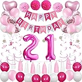 Sweet 21st Birthday Decorations for Women, Pink and White 21 Happy Birthday Balloons, 21st Birthday Party Supplies Including Pink Happy Birthday Banner, Hot Pink Number 21 Foil Balloons