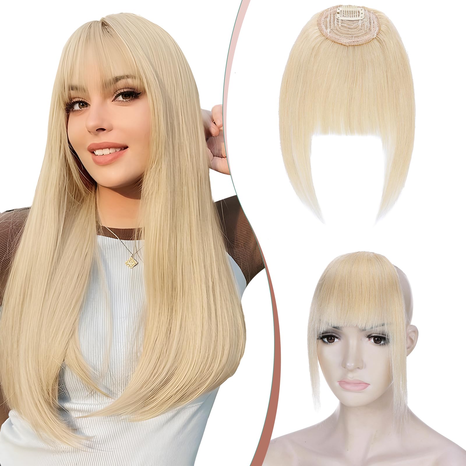 Elailite Clip in Bangs Real Human Hair French Bangs Neat Fringe With Temples Natural HairPiece Extension For Women - #60 Platinum Blonde — image 1