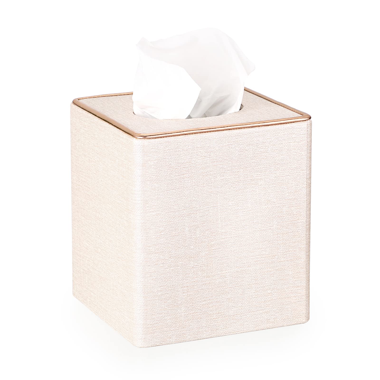 BTSKY Household Square Linen Tissue Box with Decorative Gold Line - Cube Tissue Paper Holder and Cover Holder - Storage Organizer and Dispenser Case - Napkin Box, Beige