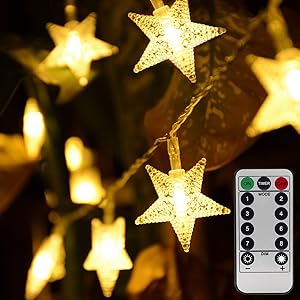 Homeleo Warm White 50 LED Star Fairy Lights w/Remote Control, Battery Powered Five-Pointed Star String Lights