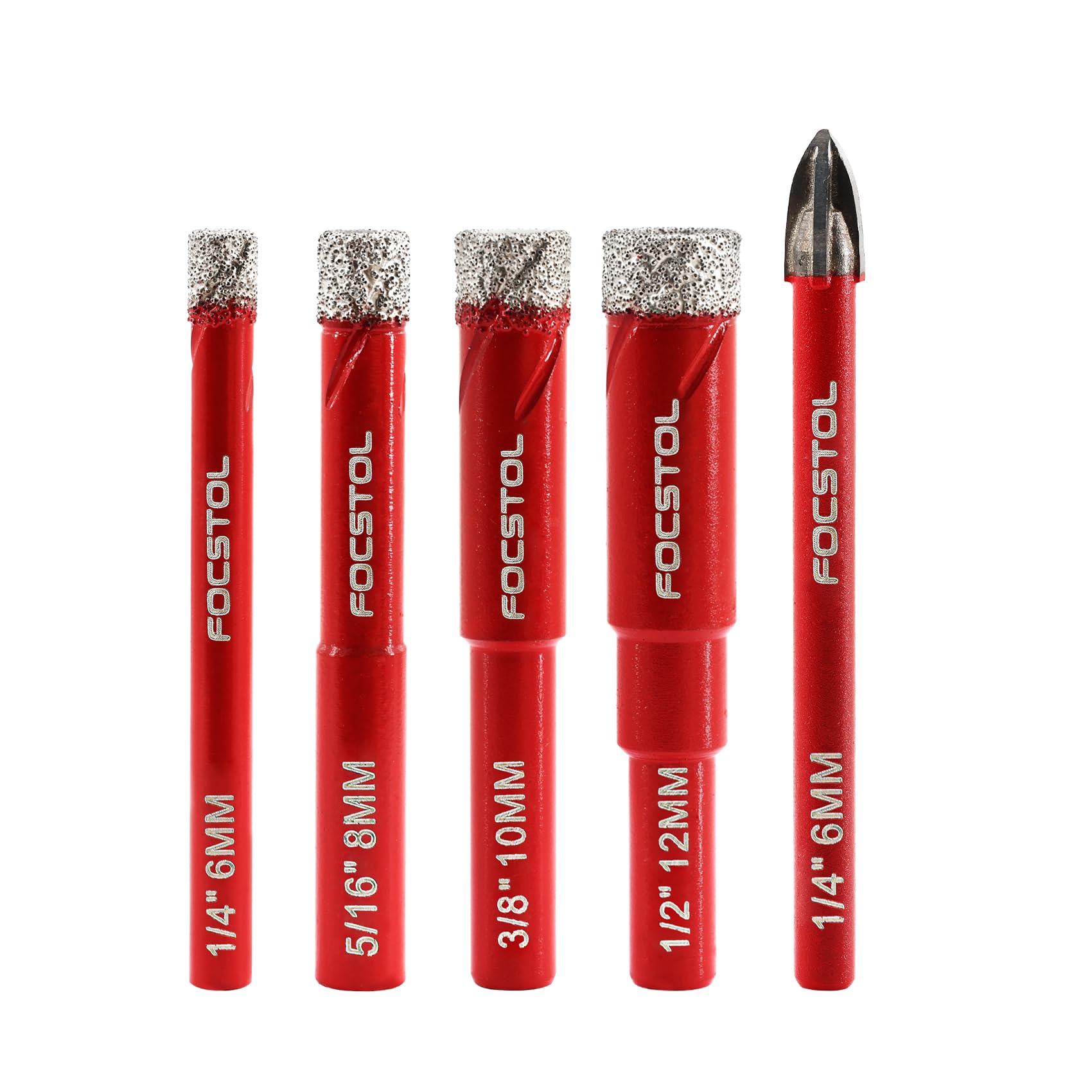 Dry Diamond Drill Bits Set - FOCSTOL 4pcs 6/8/10/12mm Diamond Hole Saw & 1pc 6mm Carbide Drill with Round Shank for Ceramic Porcelain Tile Marble Granite