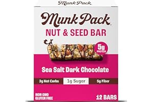 Munk Pack Nut & Seed Snack Bars - 5g Protein, 1g Sugar, 3g Net Carbs, Low Sugar, Keto, and Gluten Free Snack for Adults and Kids, Sea Salt Dark Chocolate – 4.92 oz, 12 Pack