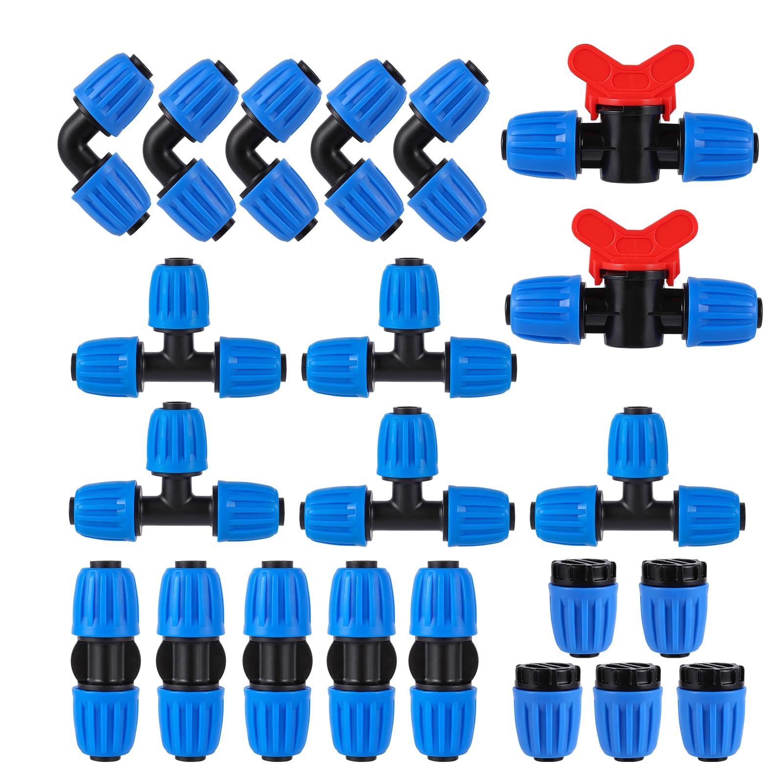 Drip Irrigation Fittings for Hoses 1/2 Inch 16 mm (OD 0.620 in ID is 0.520 In), 5 T-Pieces, 5 Straight, 2 Switching Valves, 5 End Cap, 5 Elbows