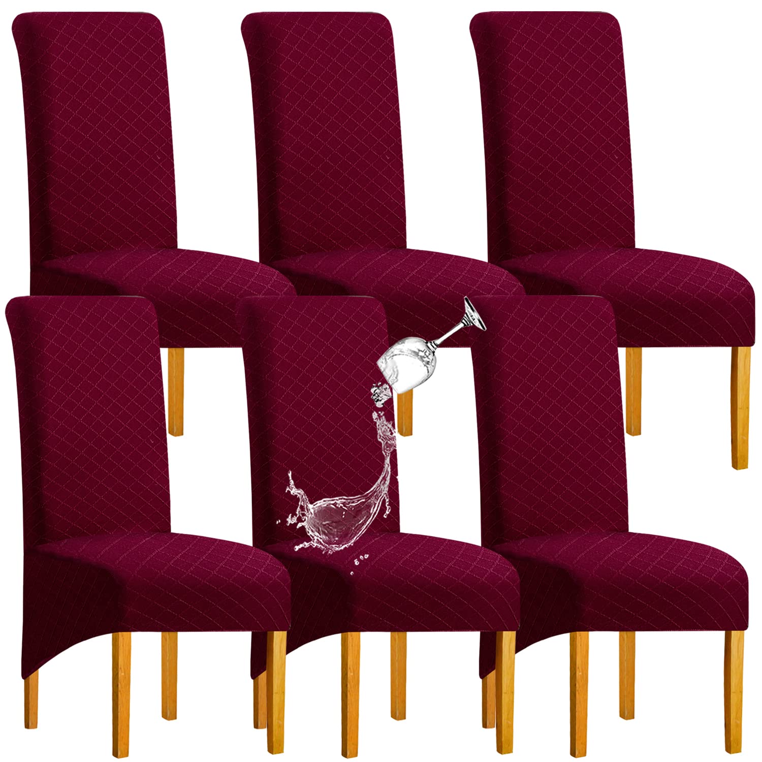 SHENGYIJING 1/2/4/6 PCS Diamond Lattice FStretch Waterproof XL Chair Covers for Dining Room, Spandex Large Dining Chair Slipcovers High Back Jacquard Dining Chair Covers (Wine Red,Set of 6)