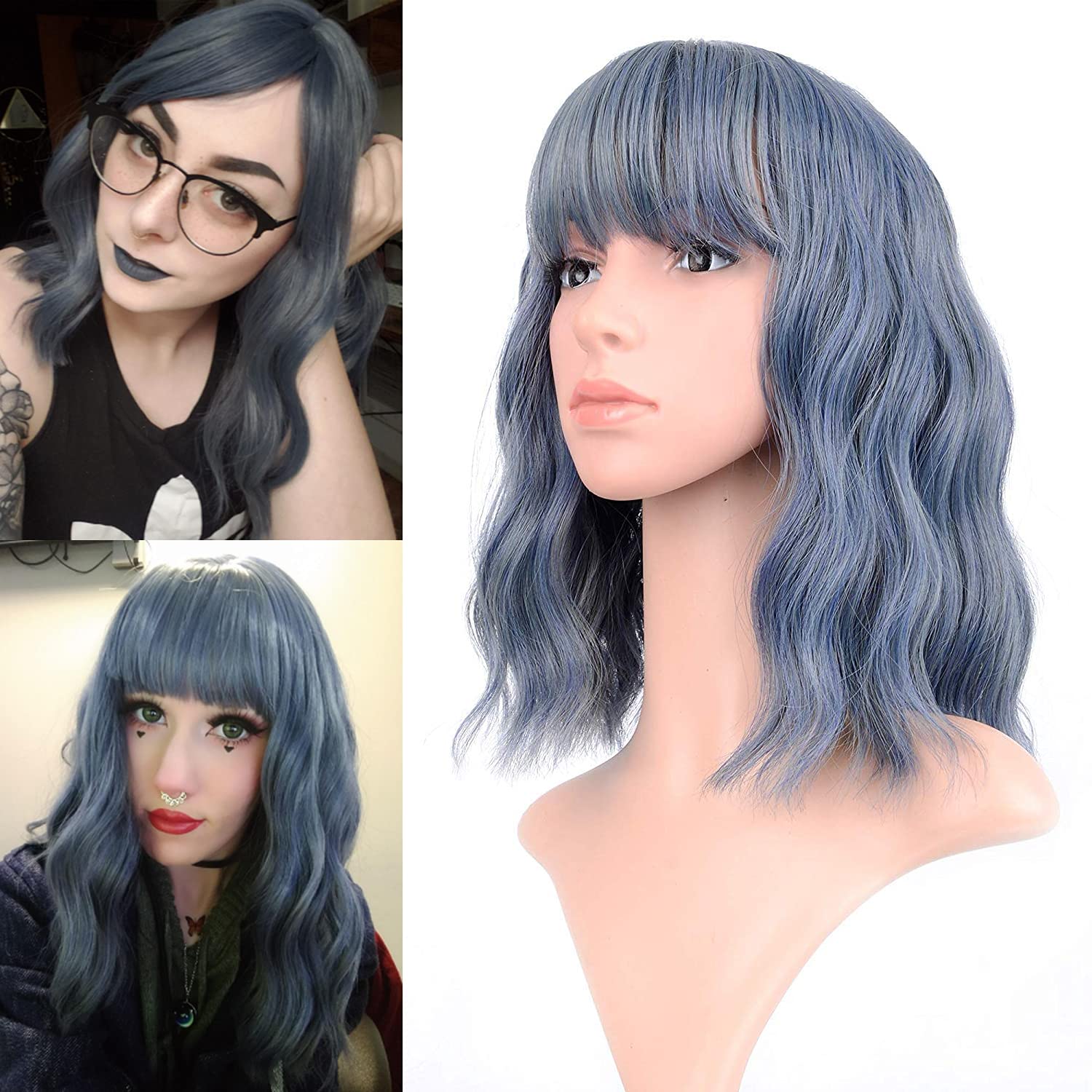 FAELBATY Short Bob Blue Wigs With Air Bangs Shoulder Length Women's Wig Curly Wavy Synthetic Cosplay Wig for Girl Halloween Costume Wigs (12" blue color)