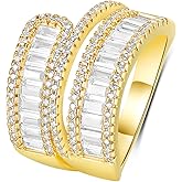 MDFUN 18K Yellow Gold Plated Engagement Promise Wedding Eternity Ring for Women, 2 Rows Emerald Cut Cubic Zirconia Halo Rings Size 5-10