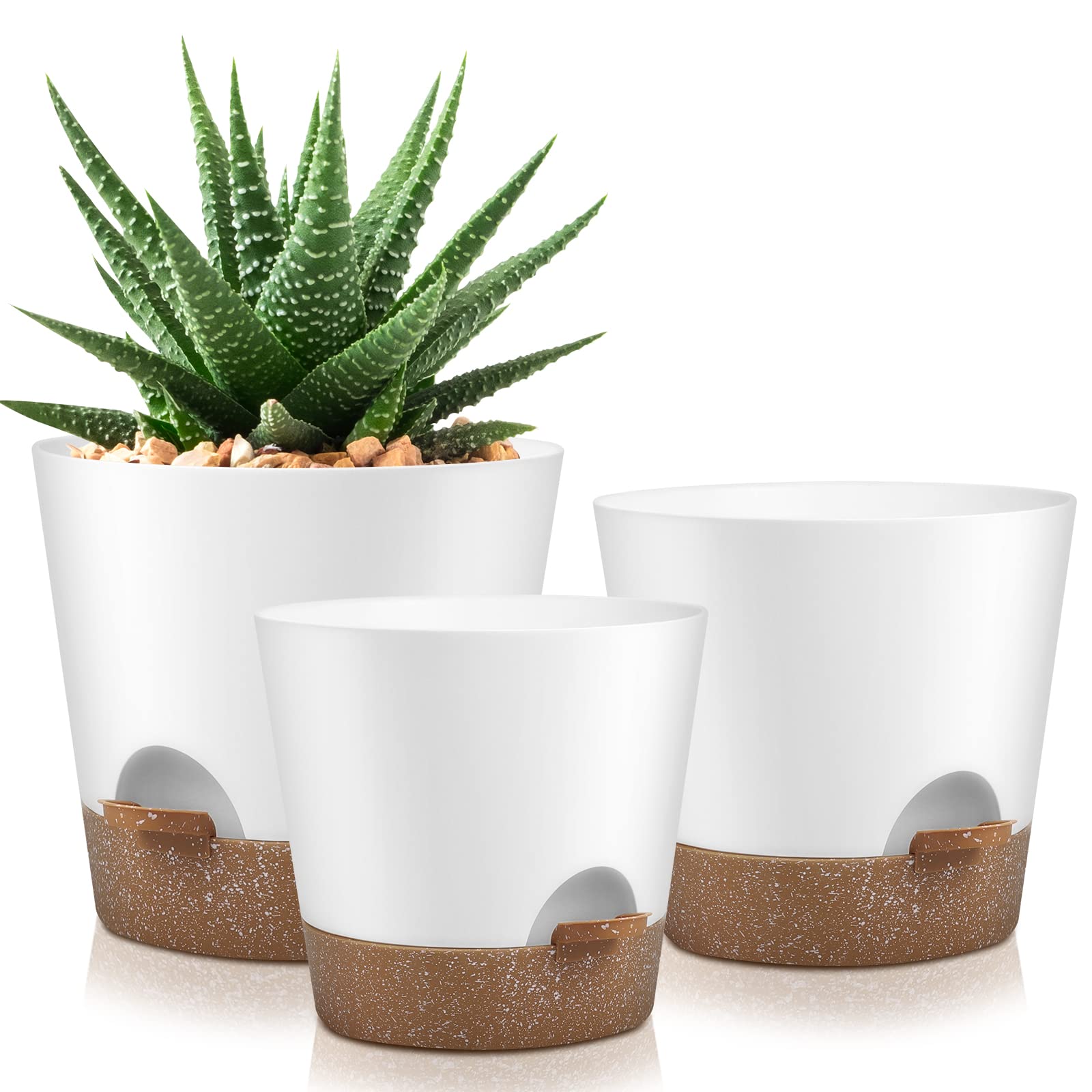 YNNICO Indoor Self Watering Plastic Flower Pots, Planters with Drainage Holes and Saucers, 9,8, 7.5 Inches, Green, 3 Pots (Snow)