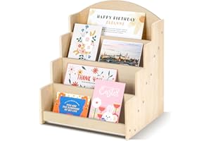PUERSI Greeting Card Display Stand, Wooden 4-Tier Postcard Display Stand Holder for Sticker, Vendors, Retail Stores, Beige
