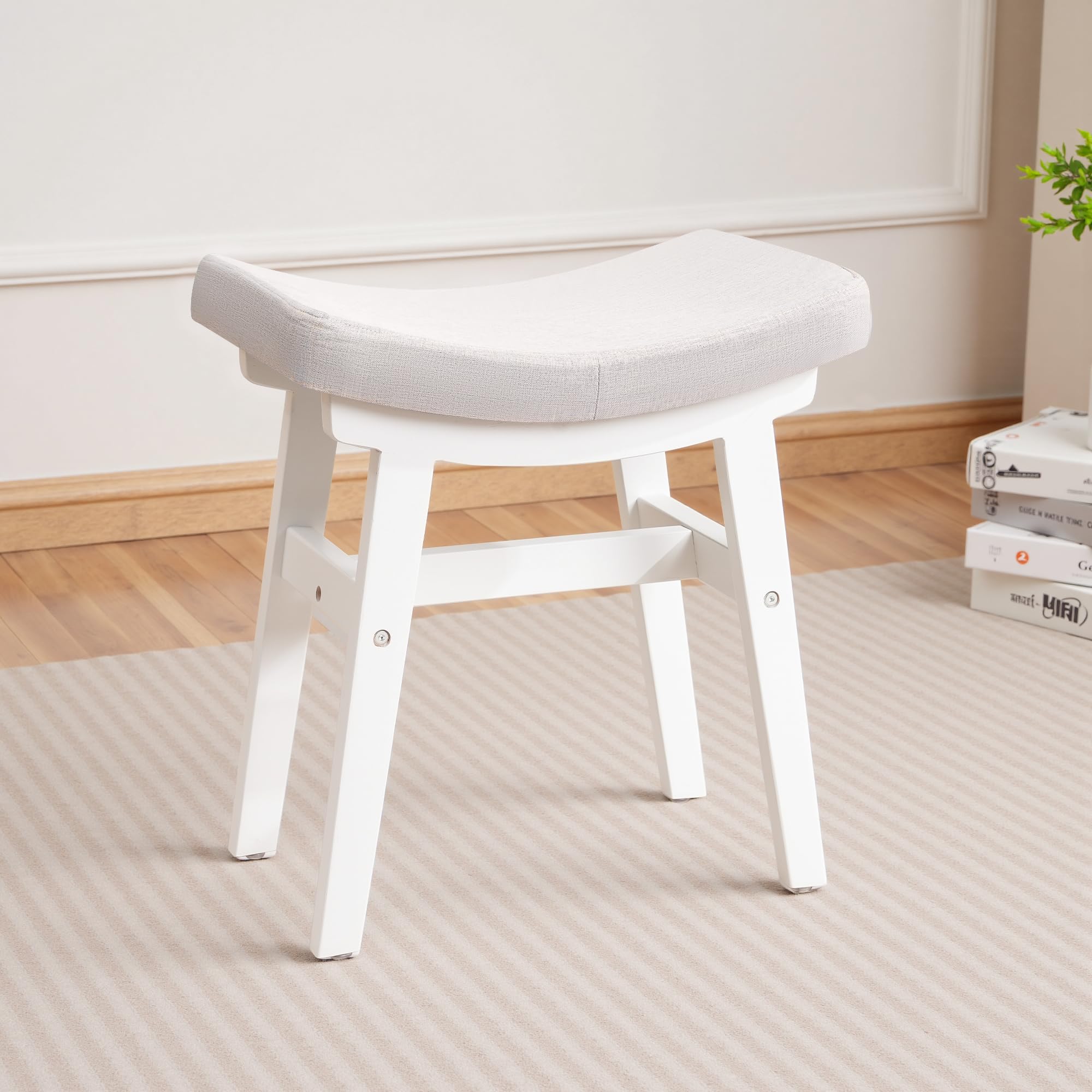Photo 1 of *MISSING HARDWARE**COSTASKF Vanity Stool with Saddle Cushion, Small Solid Wood Makeup Chair with High-Rebound Sponge Seat, Easy Assembly Footstool for Bedroom, Bathroom, Entryway, Flax White