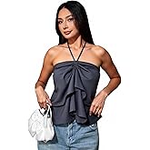 winkbay Women's Summer Satin Halter Top Cute Layered Ruffle Backless Asymmetrical Going Out Tops
