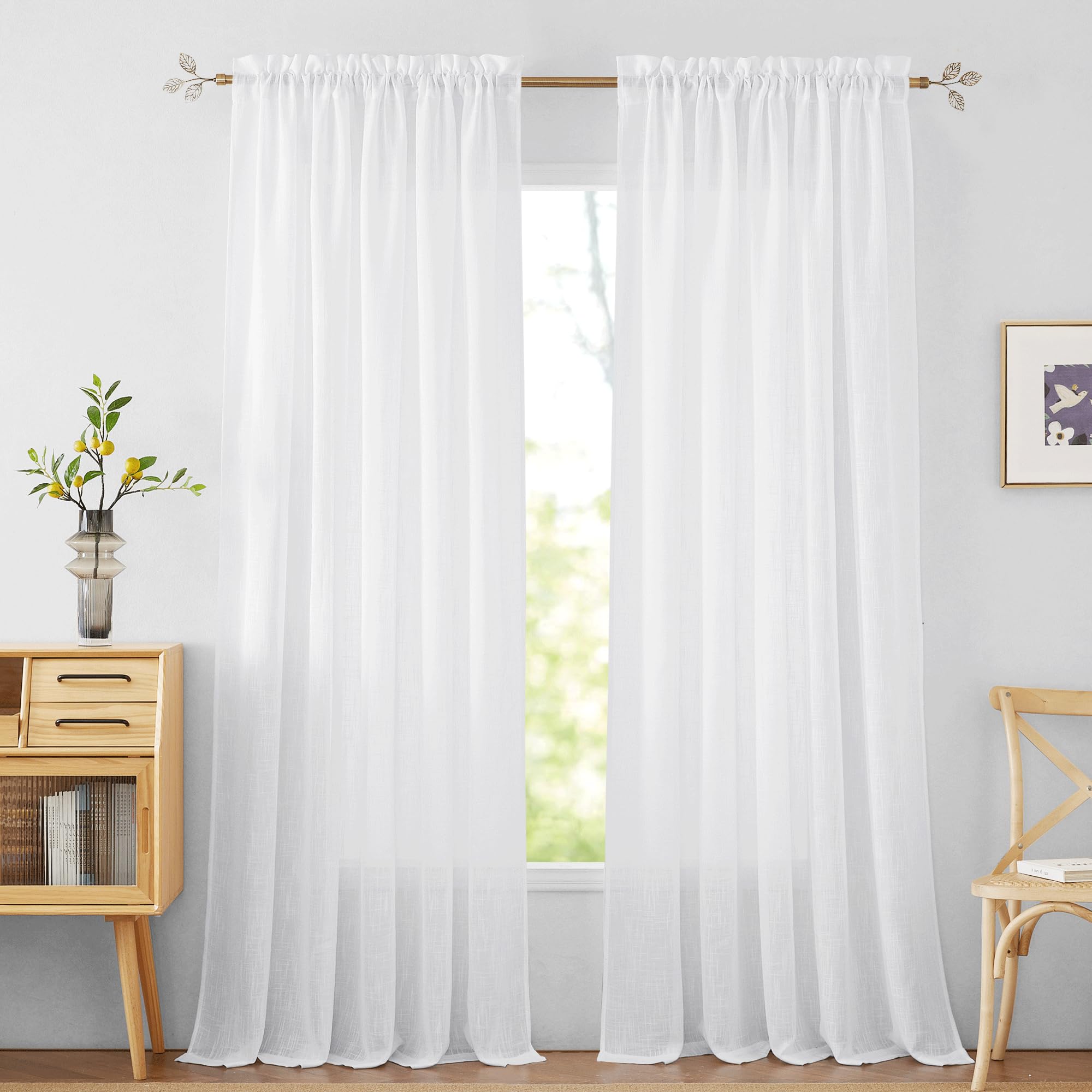 RYB HOME White Curtains Linen Textured Sheer Light Filtering Semi Sheer RYB HOME White Curtains Linen Textured Sheer Light Filtering Semi Sheer