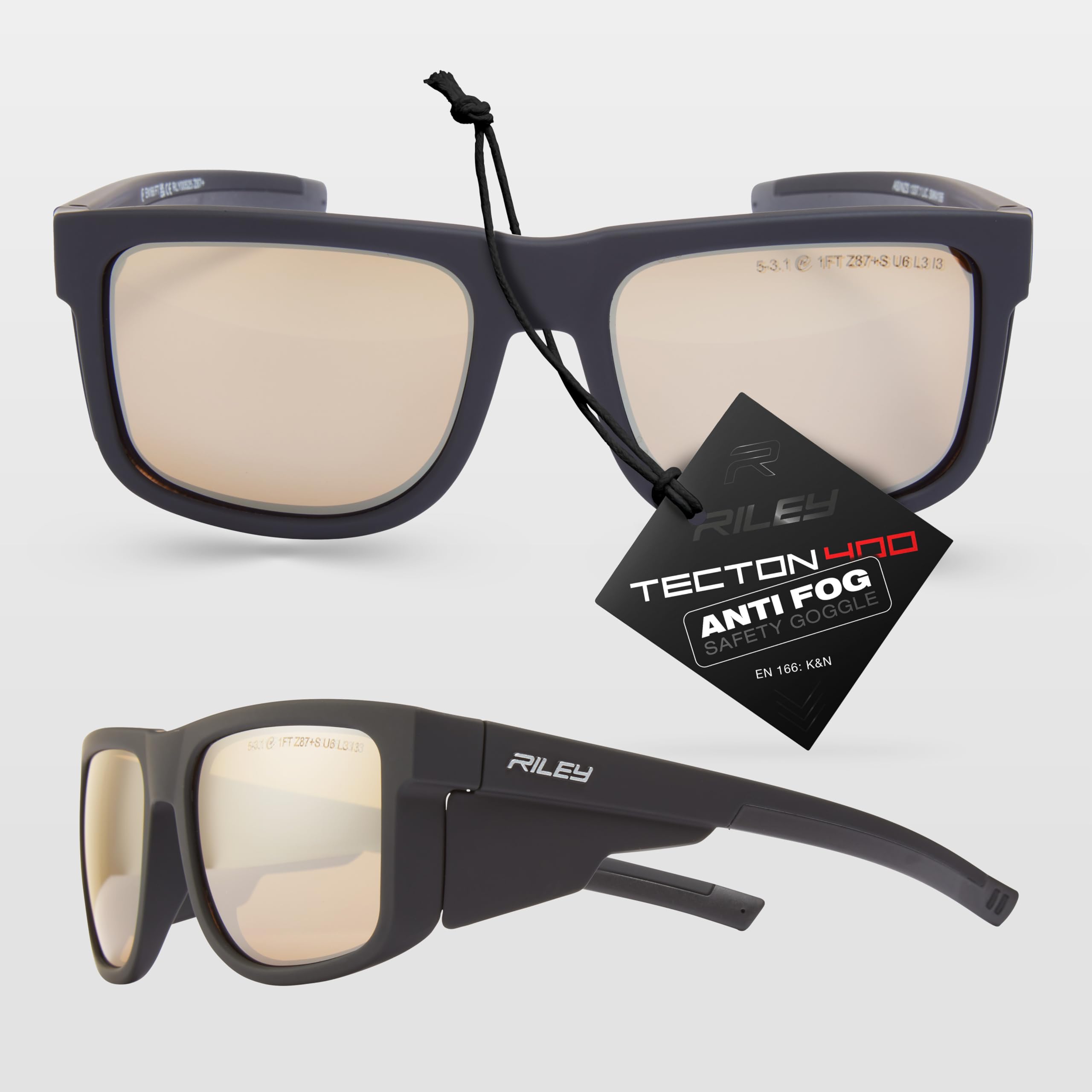 Riley Navigator Safety Glasses for Work – Anti-Fog, Anti-Scratch Eye Protection Glasses, UV Safety Sunglasses for Men with Revo Lenses, Impact Resistant, Adjustable Fit - Antique Revo Lens