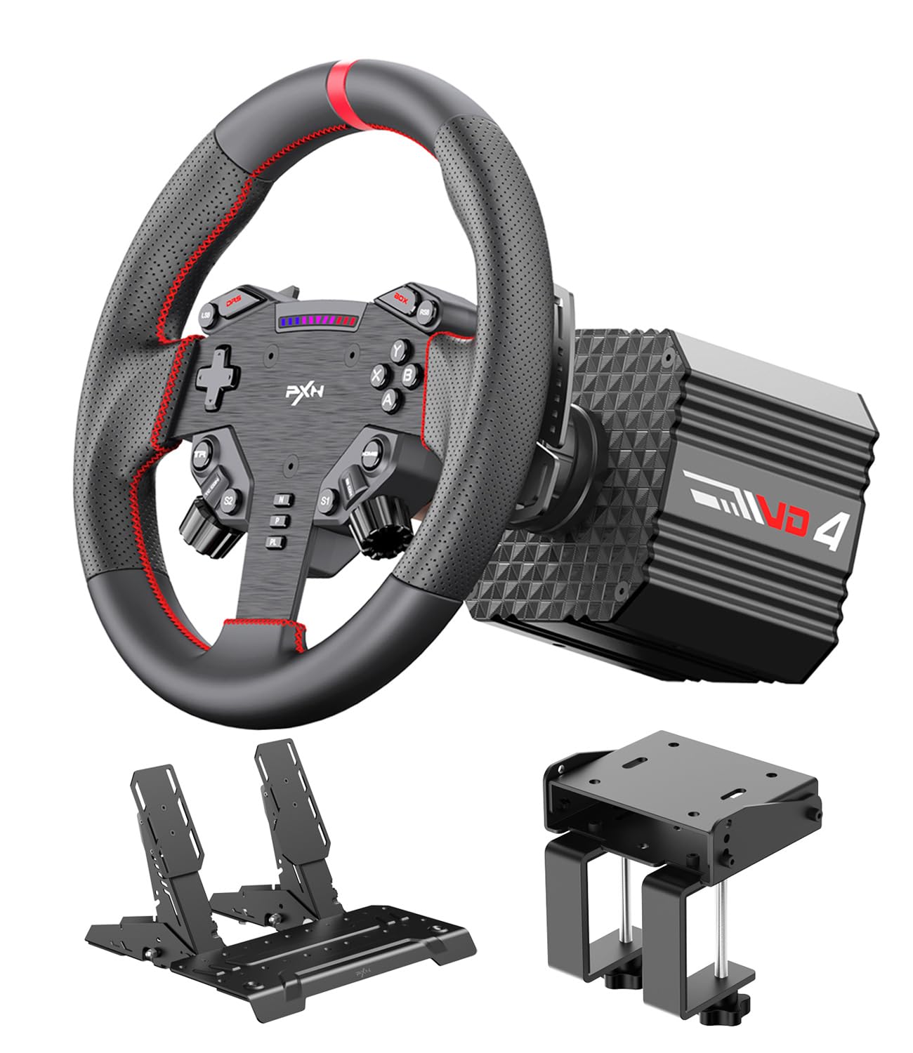 PXN Direct Drive Racing Wheel, VD4 Bundle - 4Nm Force Feedback Servo Motor Base, 11-Inch Steering Wheel, Hall Effect 2-Pedal Set, Desk Clamp Mount - PC Sim Racing Bundle for Windows 7-11