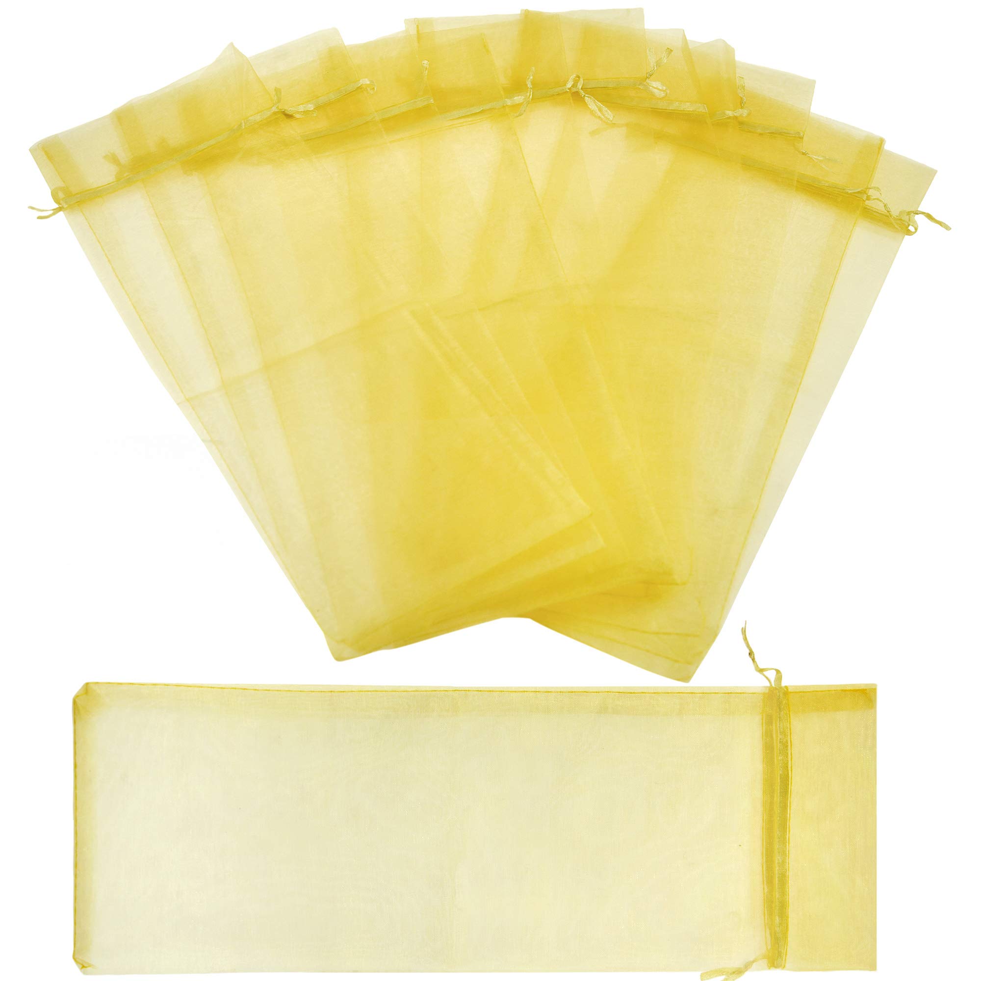 FiveSeasonStuff Organza Bags for Wine Bottles Drawstring Gift Wrapping Reusable Birthday Party Wedding 10 Pouches (14cm x 37cm, Yellow)