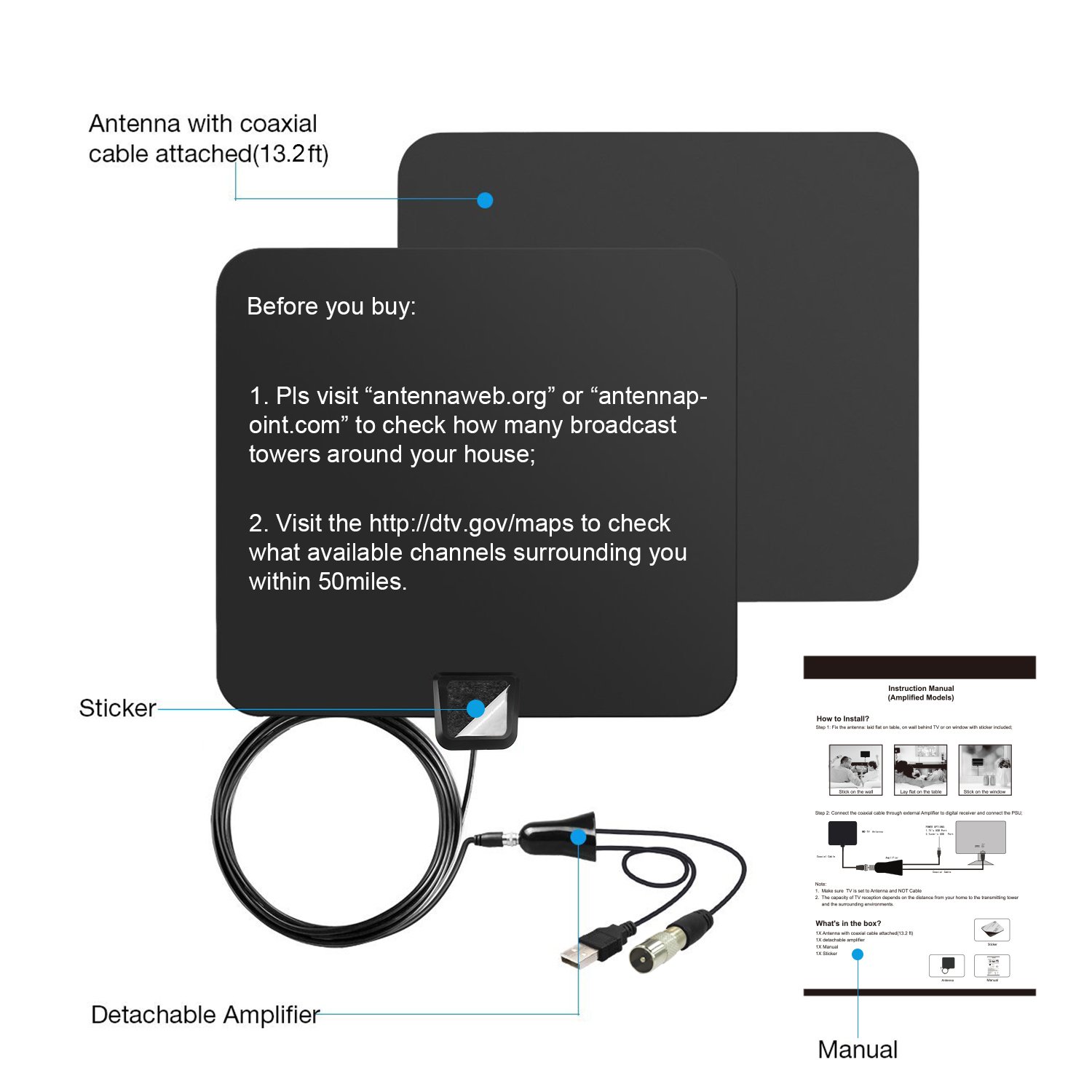 TV Aerial, Globmall Ultra-Thin TV Antenna 50 Miles Distance Detachable Indoor Singal Amplifier Booster, Digital HDTV Aerial 13.2FT Coaxial Cable for Digital Freeview & Analog TV Signals, Soft Design
