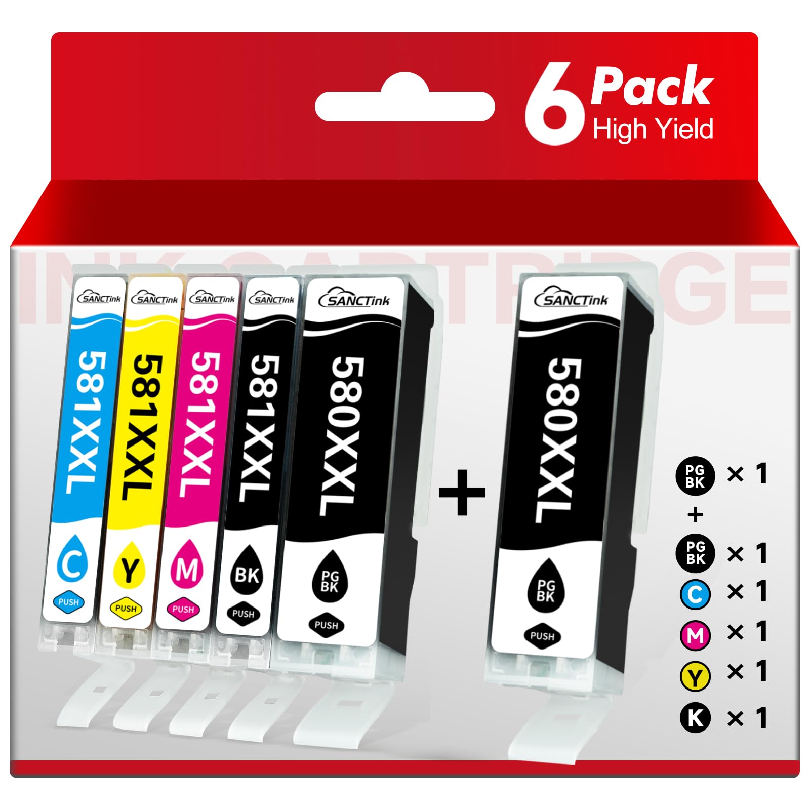 SANCTink PGI-580XXL CLI-581XXL PGBK 580&581 Ink Cartridges Multipack Compatible for Canon 580 581 Ink Cartridges for Canon TS705 TR8350 TS6150 TS6250 TS8550 TS6151 TS8150 TS8151, 6Pack