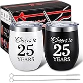 Domensi 2 Pcs 25th Anniversary Wedding Gifts Tumblers Cheers to 25 Years Cups for Wife Husband Parents Couple Birthday Party Gifts for Men Women 12 oz Tumblers with Lids and Box