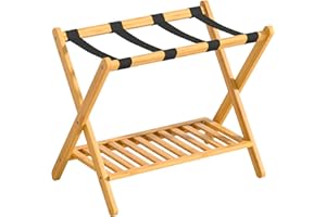 Forevich Luggage Rack Bamboo Luggage Stand With Shelf Folding Suitcase Stand Luggage Holder For Living Room Guest Room Hotel Essentials Storage Heavy-Duty For Suitcases Shoes Natural