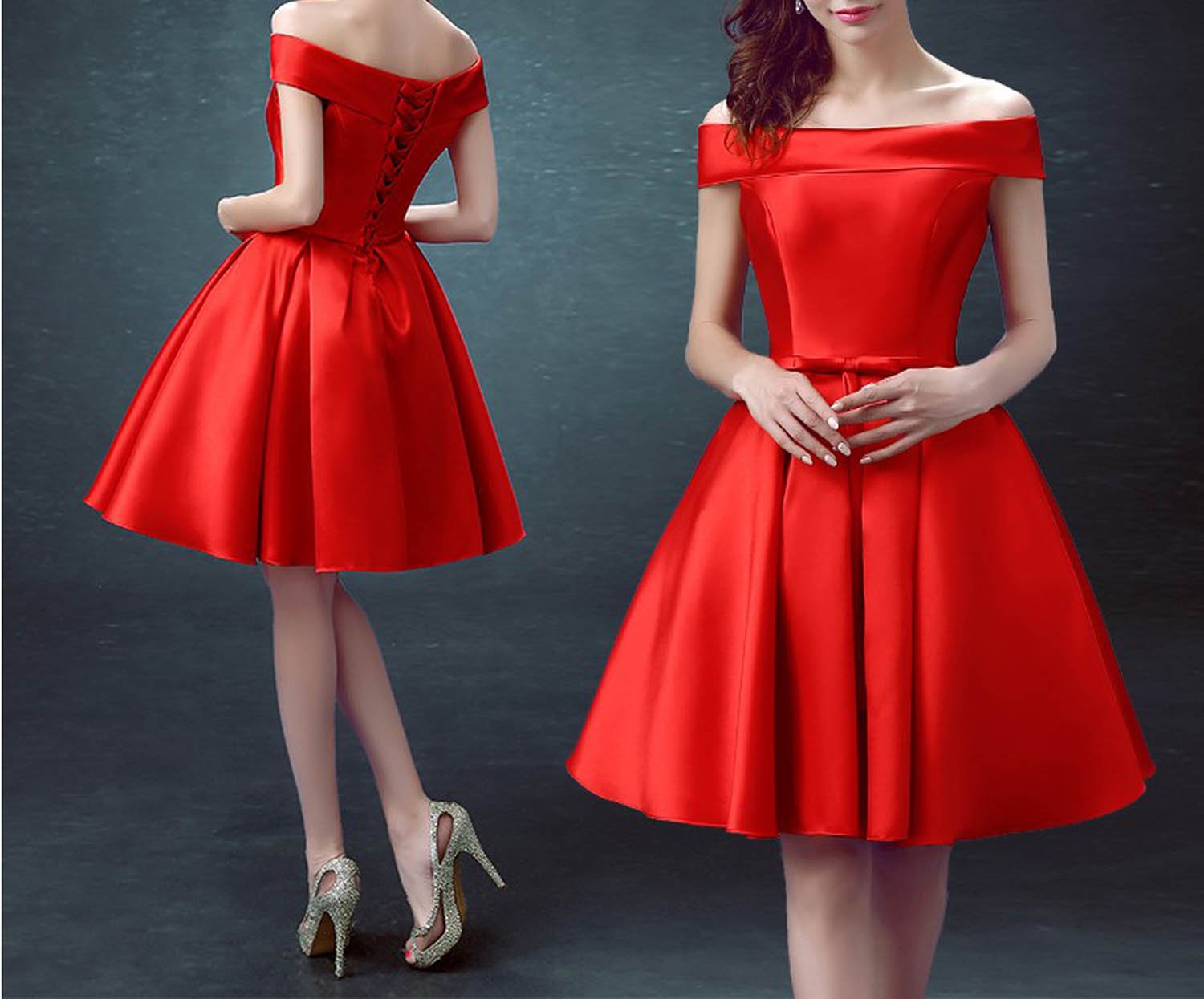 Luxury Satin Boat Neck OffTheShoulder Aline Blue Short Bridal Party