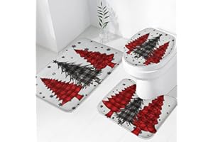Easternproject 3 Piece Christmas Tree Bath Rug Sets Red Black Buffalo Plaids Check Snowflake Winter Decor Bath Mat Soft Non Slip Water Absorbent U-Shaped Contour Toilet Mat, Toilet Lid Cover