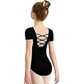 MOLLDAN Girls Dance Ballet Leotards Short Sleeve Criss Cross Straps Back