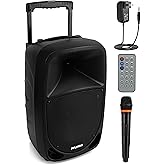 Pyle PSBT105A - 1000W Portable Bluetooth PA Speaker, 10'' Subwoofer, UHF Wireless Mic, MP3/USB/SD, Rechargeable Battery, LED Battery Indicator Lights, Black