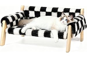 FAMIDGE Elevated Cat Couch Bed for Indoor Cats - Wooden Pet Sofa with Removable Washable Thick Cover Raised Kitty Lounge Chair Suitable for Puppy or Small Animals(Cat Sofa Chessboard)