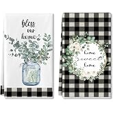 Eucalyptus Leaves Kitchen Dish Towel , 2 Pack Bless Our Home Sweet Home Quotes Buffalo Plaid Absorbent Kitchen Towel, Absorbent Drying Tea Towels for Cooking Baking, 18 x 28 (Eucalyptus Leaves)
