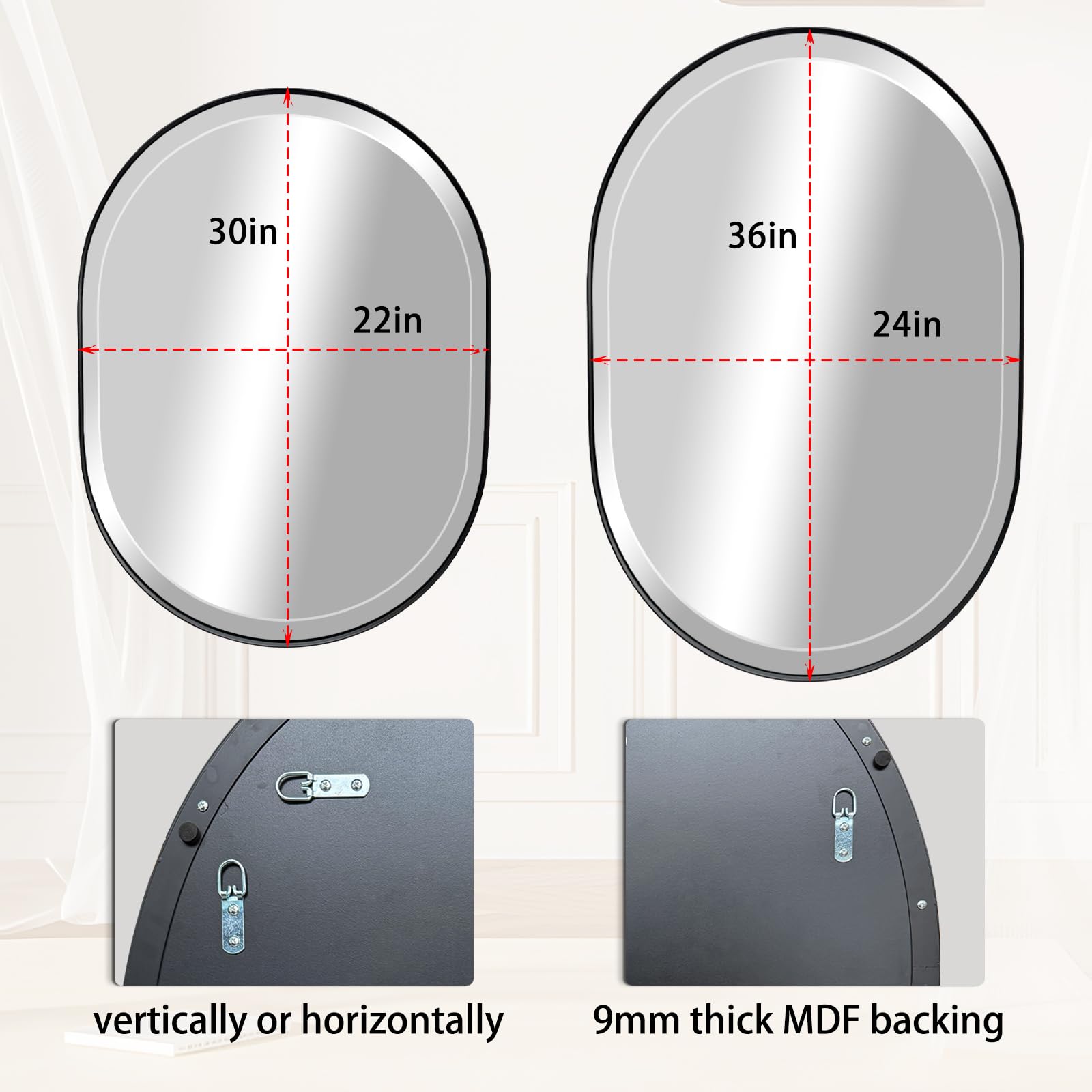 POZINO Black Oval Mirror, Beveled Scalloped Mirror, 22