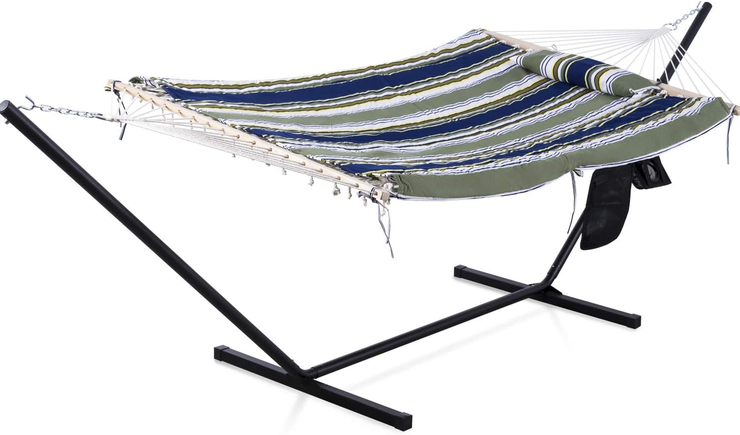 SUNCREAT Cotton Rope Hammock for Two People with Thick Hardwood Spreader Bars, Quilted Fabric Pad & Detachable Pillow, Extra Large Indoor/Outdoor Hammock with 12 FT Steel Stand, Ipad Bag & Cup Holder