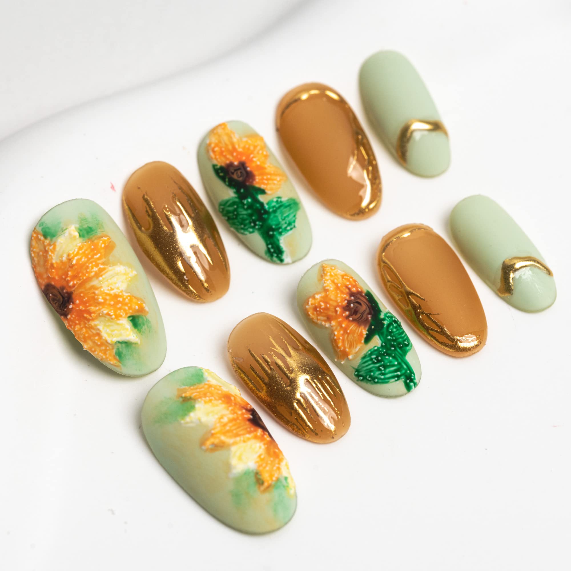 Sun&Beam Nails Handmade Press On Nails Medium Oval Mint Green Caramel Brown Gold Sunflower Floral Design Glossy 10 Pieces for Everyday Wear and Going Out (#022 XS)