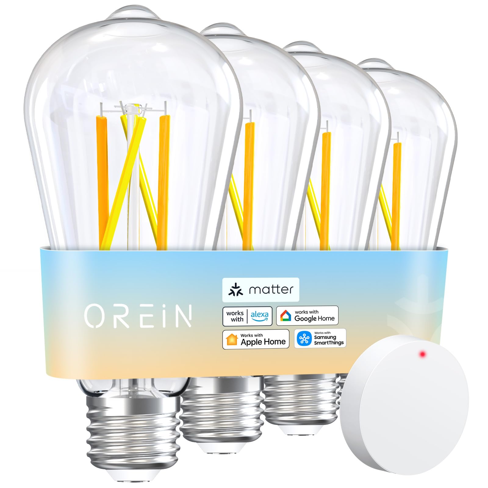 Photo 1 of OREiN Matter Smart Light Bulb, ST19(58) Smart Edison Bulbs with Remote Control Work with Apple Home, Alexa, Google Home, SmartThings, 800lm 2700K-6500K Smart Filament Bulb E26 Base 4Pack