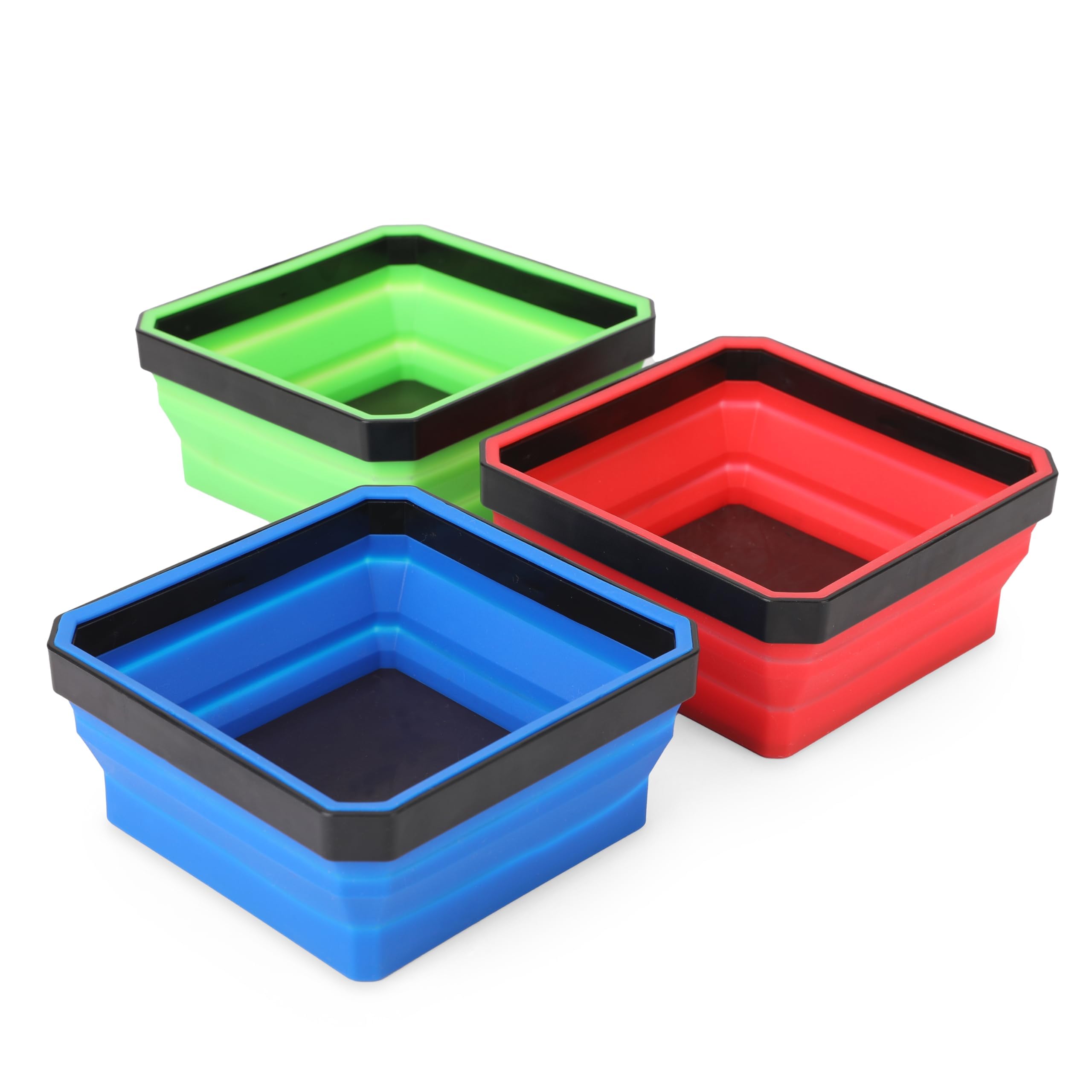 Photo 1 of PR1ME Collapsible Magnetic Parts Tray Set, Foldable Magnetic Tray, 3 Pieces 4.25 inch Square Silicone Bowls with Magnetic Base Stores and Organizes Small Parts and Tools