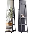 OUTDOOR DOIT 360° Rotating LED Jewelry Armoire with Lockable,Full Length Mirror Large Capacity Jewelry Organizer Armoire,Floor Standing Mirror with Back Storage Shelves for Bedroom,Gray