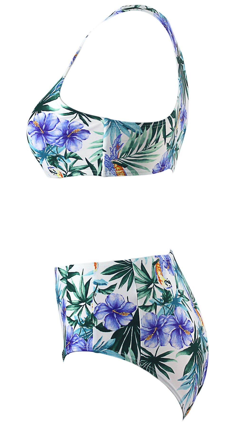 Agreya Womens Leaves Pattern High Waist 2 Piece Bikini Set Bathing Suit (White Purple Flower, L)
