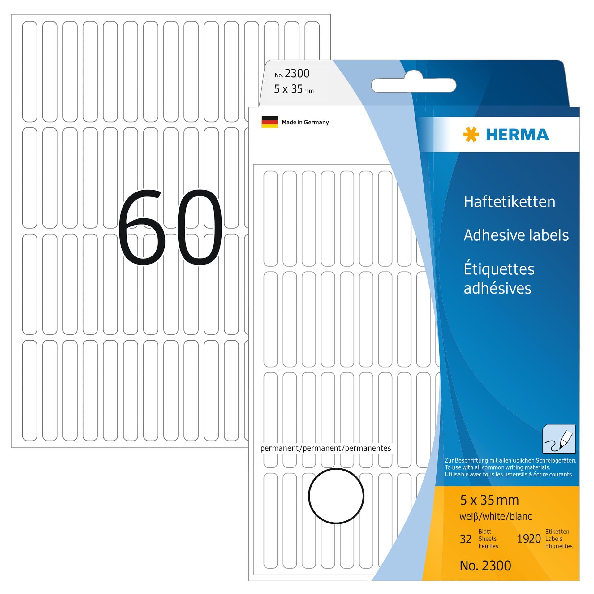 HERMA Multi Purpose Labels, 60 Labels per Sheet, 32 Sheets, 5 x 35 mm, 1920 Labels, Self Adhesive Mini Labels Stickers, Blank Sticky Labels for Office Kitchen Home, White