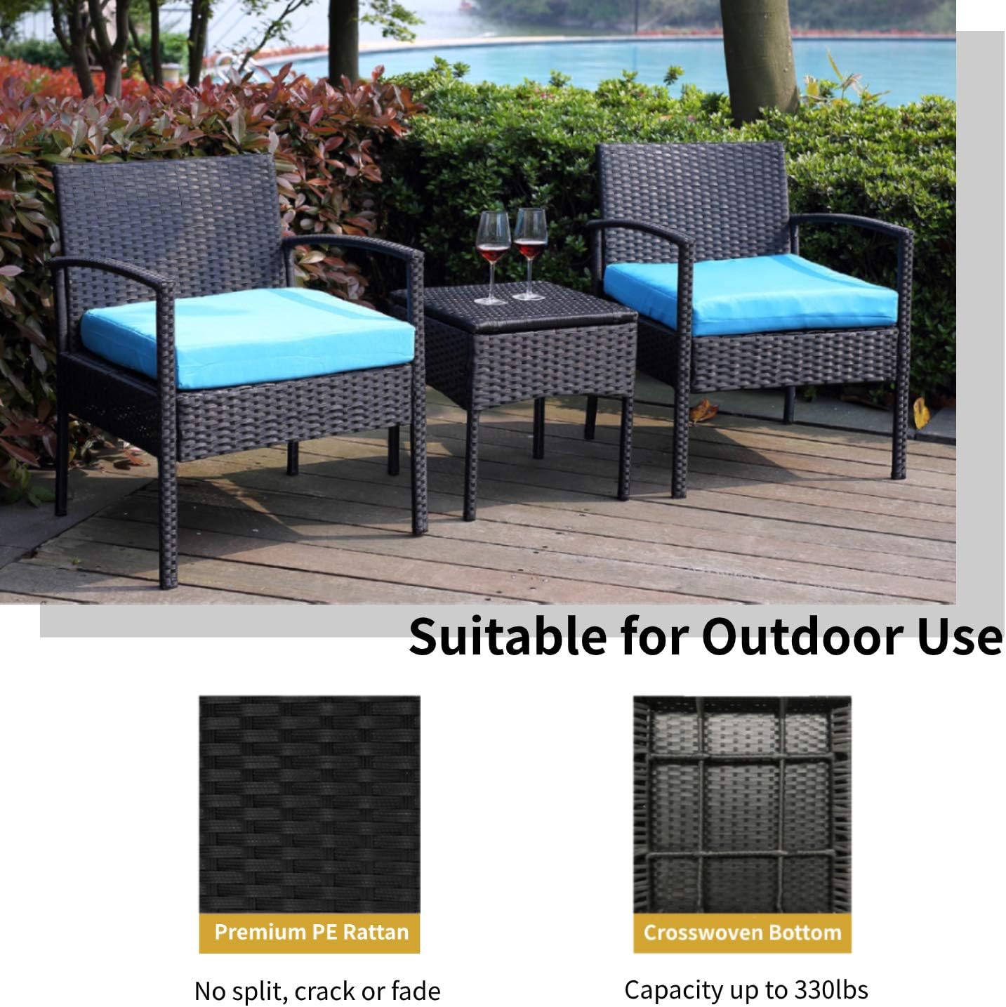 Leasbar Outdoor Chairs Set Bistro Set 3 Pieces Patio Conversation Set Furniture Set for Small Balcony Rattan Chairs and Table with Cushions Blue: Garden & Outdoor