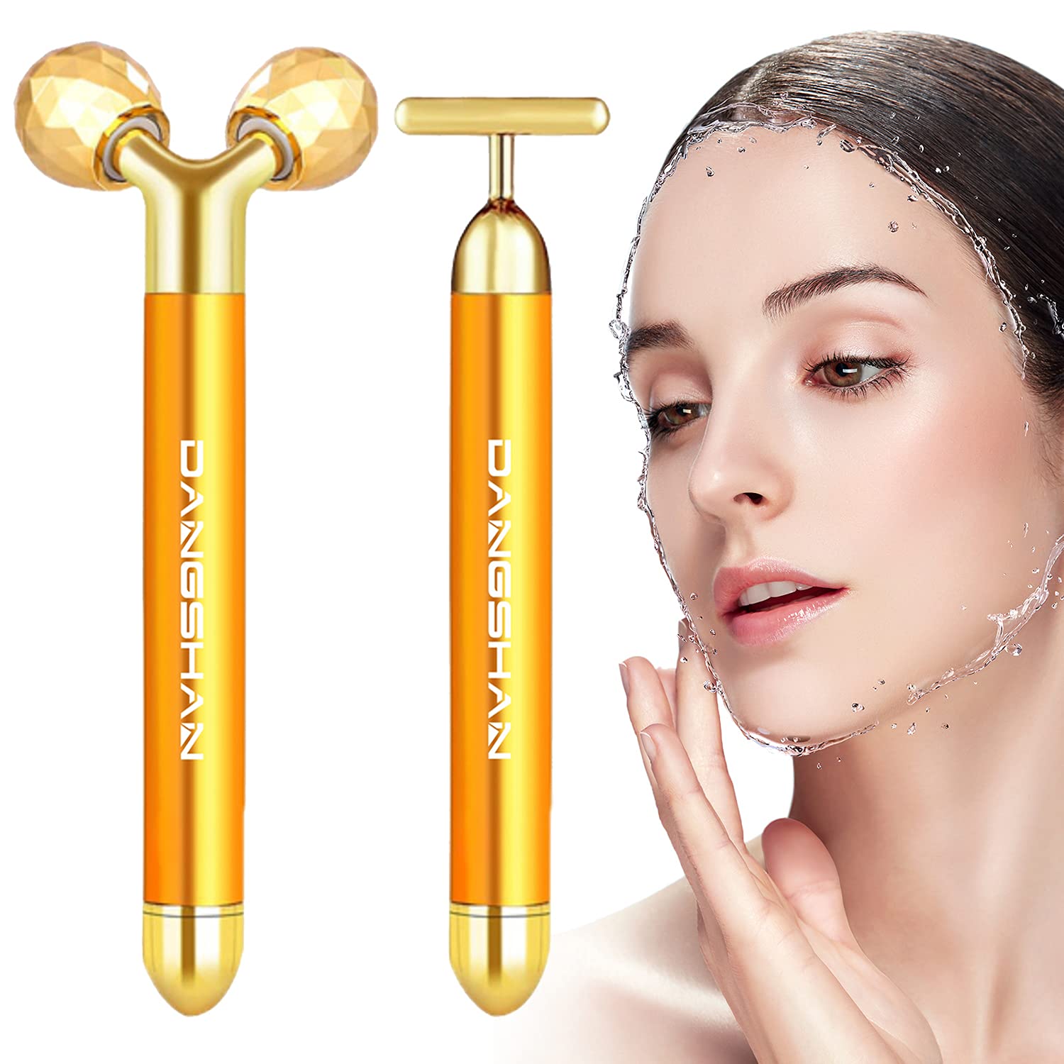 2-in-1 Electric Face Massager Beauty Bar 24k Golden Facial Massager, 3D Roller and T Shape Facial Roller Massager Kit Arm Eye Nose Massager Skin Care Tools