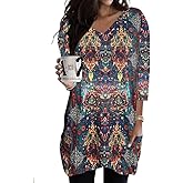Poetsky Womens Tunic Tops for Leggings with Pockets Vneck 3/4 Length Sleeve Shirt Casual Long T-Shirts S-3XL