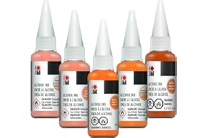 Marabu Orange Alcohol Ink Set - 5 Colors Set, Apricot, Metallic Orange, Neon Orange, Red Orange, Metallic Coral - Alcohol Ink for Epoxy Resin, Tumbler Making, Alcohol Ink Paper - Large 0.68 Ounce Inks