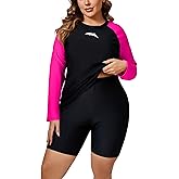 Halcurt Women's Built in Bra Long Sleeve Rash Guard Plus Size 2 Piece Swimsuit Shirt and Shorts