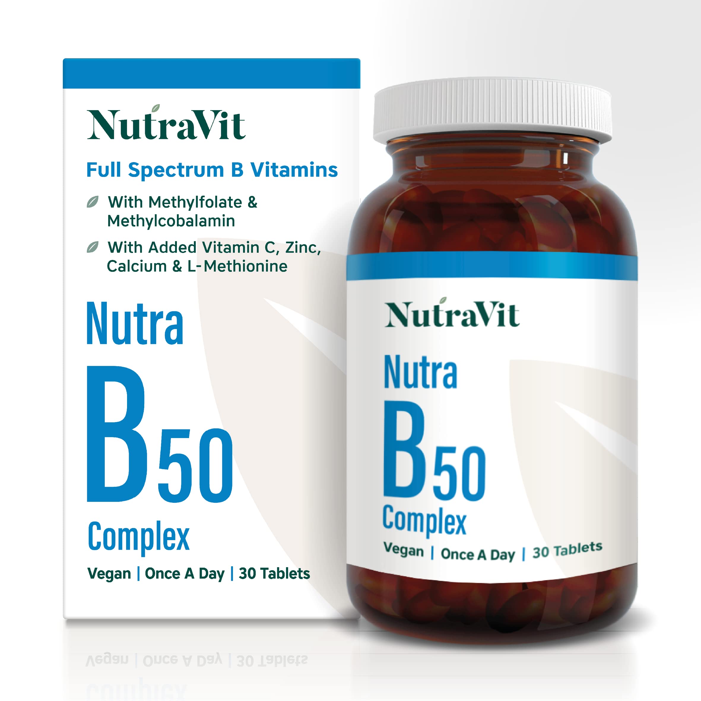 Nutra B50 Complex High Strength | Vegan 30 Tablets| Multivitamin Tablets - Folic Acid, Vitamin B, Vitamin C| Reduce Tiredness & Fatigue Whilst Supporting Your Immunce System - by NutraVit